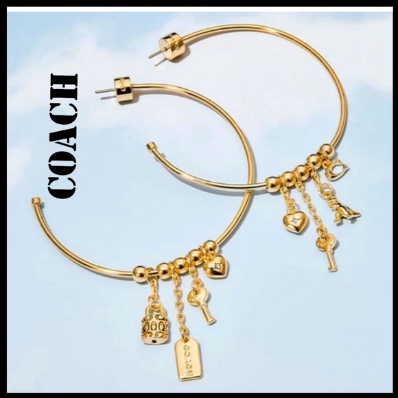 COACH DANGLE MULTI CHARM LARGE HOOP EARRINGS - Picture 1 of 8